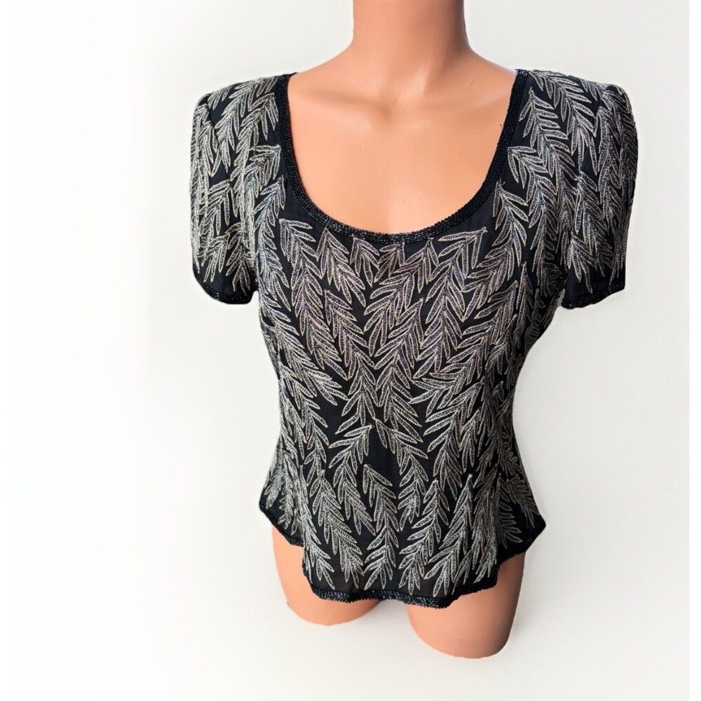 Papell Boutique Evening VTG Silk Beaded Top Black Silver Leaf Size M Art Deco